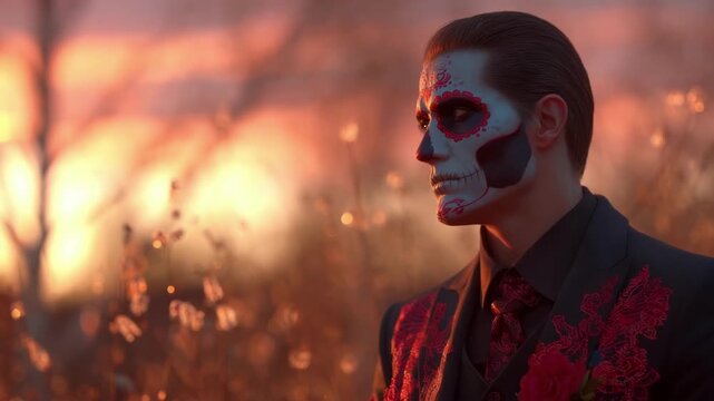 A man in a formal suit sports colorful calavera makeup, ready for a D&iacute;a de Muertos celebration at sunset.