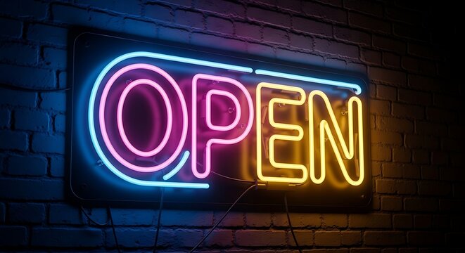Vibrant Neon Open Sign on Brick Wall.