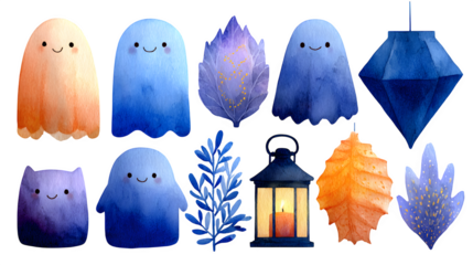 Watercolor collection of cute Halloween ghosts and festive decorations, isolated on white background