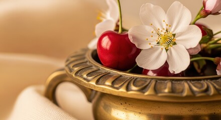 Elegant brass bowl with fresh cherries and blossoms