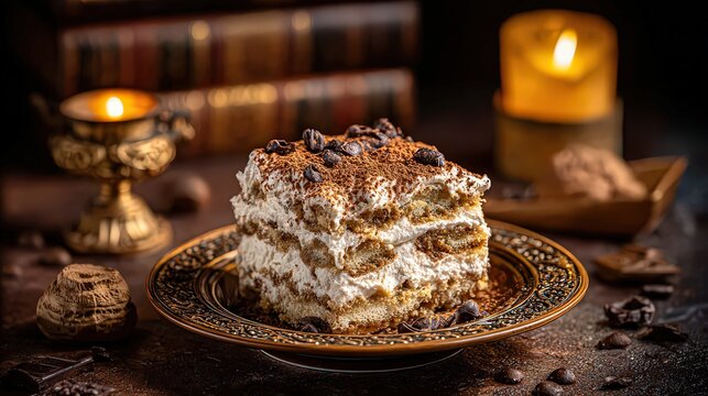 A beautifully styled slice of dessert featuring layered cake, cream, and coffee beans, perfectly lit with a warm ambiance, Ideal for food blogs, dessert menus, or culinary promotions,