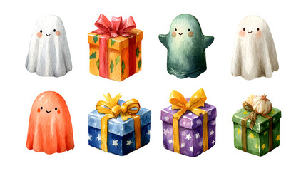 Watercolor cute ghost set with festive decorations, isolated on white background
