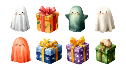Watercolor cute ghost set with festive decorations, isolated on white background