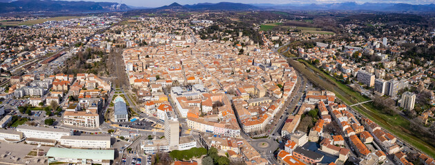 An aerial panoramic view around the old town of the city Montélimar in France on a sunny day in early spring