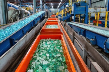 Glass production line with conveyor belts and containers