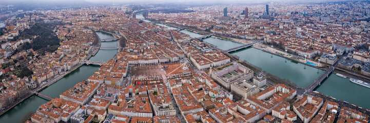 An aerial panoramic view around the old town of the city Lyon in France on a sunny day in early spring