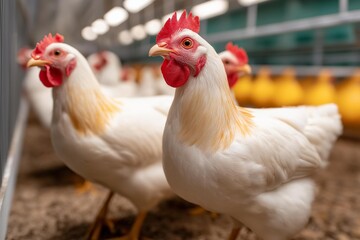 Fototapeta premium Close-up of white chickens in a barn, showcasing their feathers and vibrant red combs.