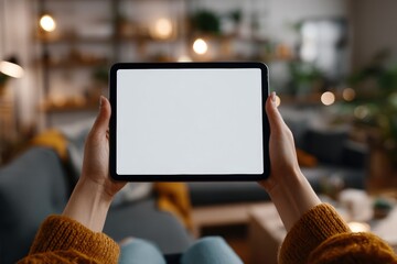 Hands holding a tablet in a cozy living room (1)
