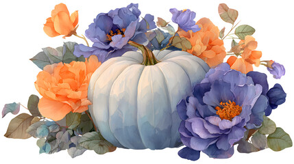 Watercolor gothic floral pumpkin with orange and purple accents, isolated on white background
