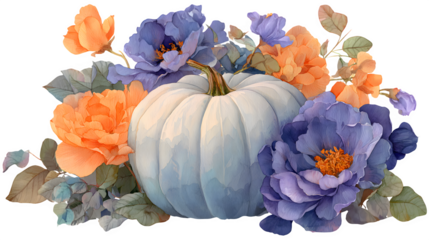Watercolor gothic floral pumpkin with orange and purple accents, isolated on white background