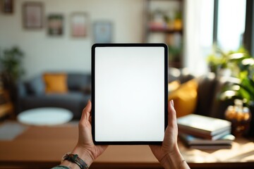 A tablet held in hands, blurred home background