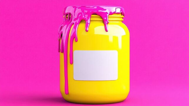 A vibrant yellow jar with pink paint dripping from the top against a bright pink background emphasizes creativity and fun, Ideal for artistic projects, modern designs, or creative branding,