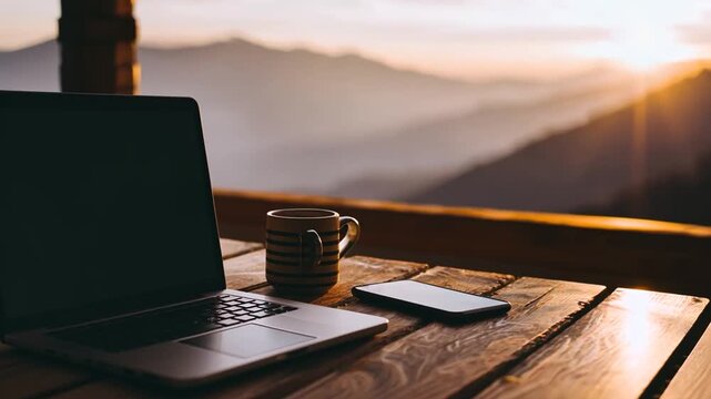 Laptop coffee phone outdoor morning