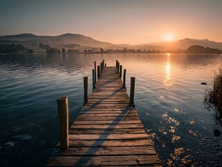 Obraz premium Wooden Pier Leading to Calm Lake at Sunrise with Hills Landscape