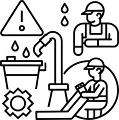Leaking pipe in bathroom outline, plumber kneeling with wrench, recycle arrows surrounding toolbox, drops highlighting warning sign.
