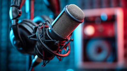 Professional studio microphone with headphones in modern recording studio, illuminated by red and blue lights. Concept of podcasting, broadcasting, and music?
