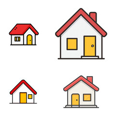 A charming collection of four cartoon houses, each with a unique design and red roof, isolated on transparent background, creating a playful scene