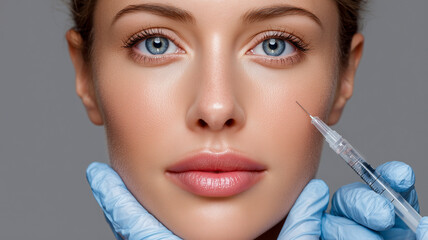 Fototapeta na wymiar Close-up of a young woman receiving a cosmetic injection in the cheek. Aesthetic medicine procedure with syringe for skin rejuvenation, wrinkle correction, and beauty care