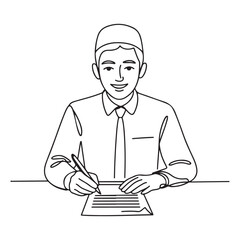 One single line Art drawing of young happy male muslim businessman writing business contract draft. with white background