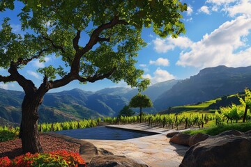 Stunning vineyard landscape at sunrise with lush greenery and mountains in the background