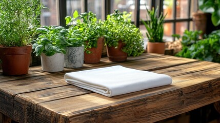 Fototapeta premium Folded white tablecloth on rustic wooden table with potted herbs
