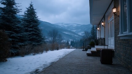 Fototapeta premium Winter Entrance of Mountain Hotel Surrounded by Snow-Covered Landscape at Dusk