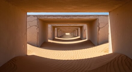 Infinite corridor of sand and concrete frames in desert landscape