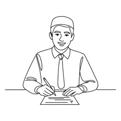 One single line Art drawing of young happy male muslim businessman writing business contract draft. with white background