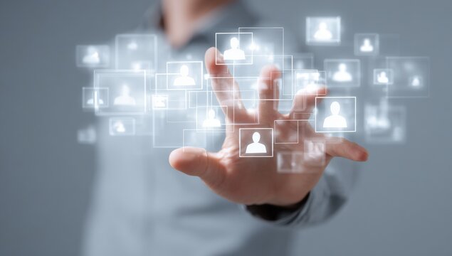 Person interacting with digital user icons