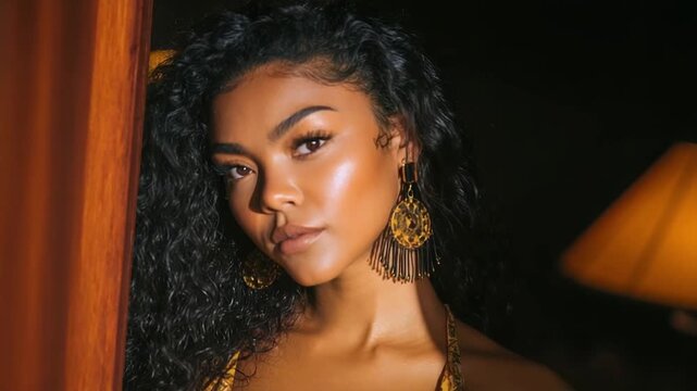 A woman with curly hair in a yellow patterned halter top and gold earrings posing by a doorway, warm lamp light in the background.