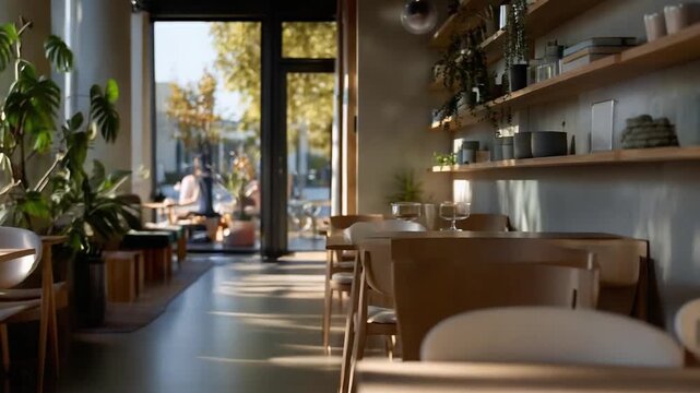 A sunlit cafe with wooden tables and chairs, wall shelves of dishware, and sunlight streaming through an open doorway.