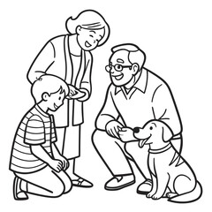 A heartwarming scene of a multi-generational family joyfully interacting with their beloved pet dog, capturing a moment of pure happiness and connection