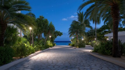 Fototapeta premium Twilight Entrance to Luxury Beach Hotel with Lush Palm Trees and Serene Ocean View