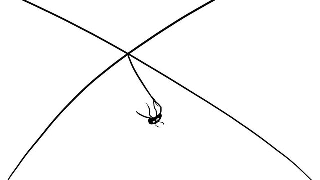 A spider or centipede or bug hangs on a web on the intersecting sticks or lines. A strong shaking or wind literally yanks the unfortunate spider back and forth.