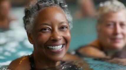 Two senior women enjoy a pool, one smiling at the camera in the foreground, the other in the background. - Powered by Adobe