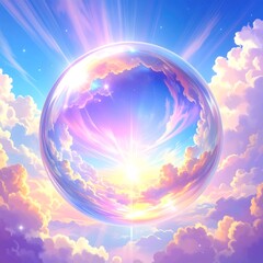 A luminous orb floats amidst pastel clouds