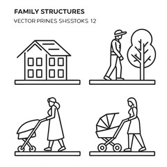Stylized linear illustrations depicting women with baby strollers and carrying infants, symbolizing care and motherhood