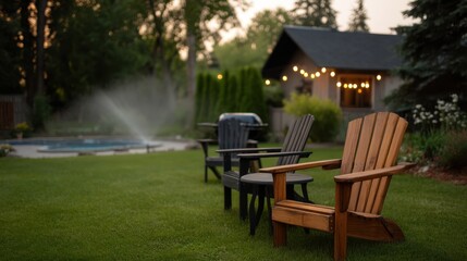 Cozy Evening Barbecue Setup with Comfortable Chairs by the Poolside and Sprinkler System