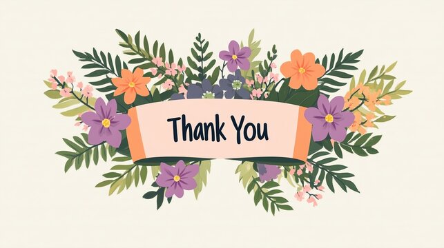 A beautiful floral arrangement surrounds a cheerful Thank You banner, perfect for cards, invitations, or social media posts expressing gratitude, The design adds a warm touch to any message,