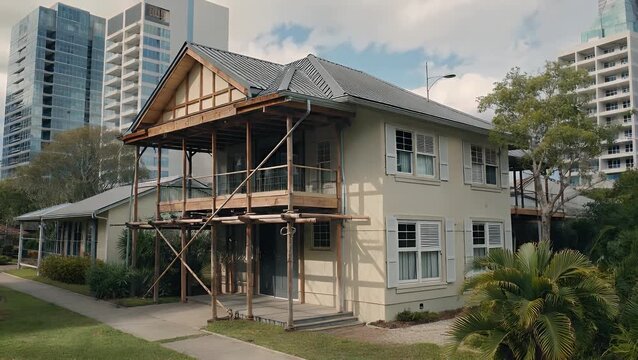 Classic Queenslander Architectural Style House with Veranda Set Against Distant Urban Skyline in City Setting