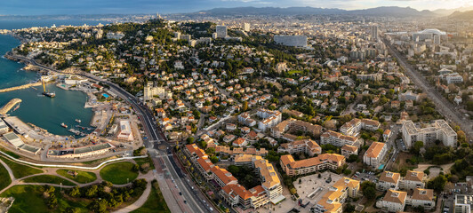 An aerial panoramic view around the old town of the city Marseille in France on a sunny day in early spring