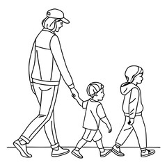 Illustration of a mother holding hands with her young child while walking alongside an older child, depicting a family outing or daily routine in a simple, clean line art style