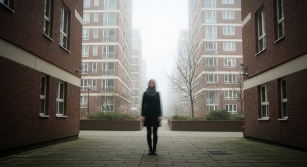 Female figure standing in misty urban courtyard between tall brick buildings