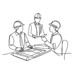 One continuous line Art drawing of young architects discussing construction design blueprint at office meeting. with white background