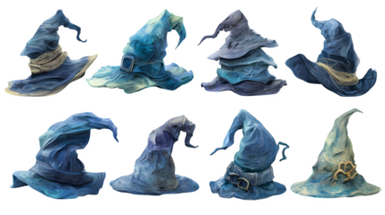 Witch hat set in different styles for party costumes, AI generated, isolated on white background