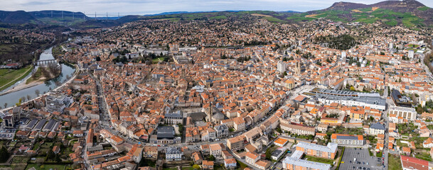 An aerial panoramic view around the old town of the city Millau in France on a sunny day in early...