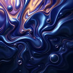 Abstract Liquid Swirl Background: Dark Blue, Metallic, and Gold Tones with Floating Spheres.