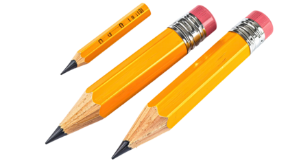 Three pencils of varying sizes, displayed in a diagonal orientation against a black background.  The pencils are bright yellow with dark gray graphite cores. 