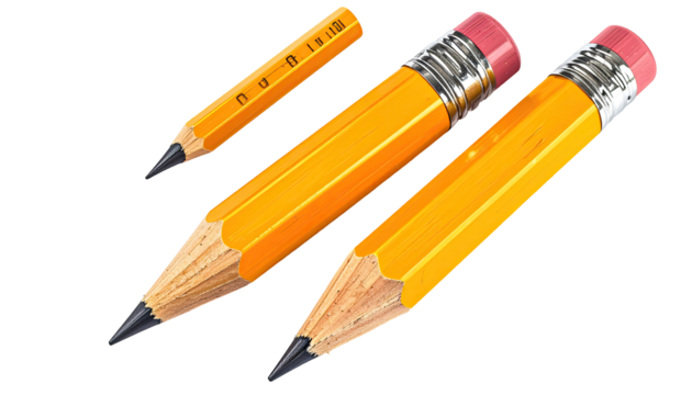 Three pencils of varying sizes, displayed in a diagonal orientation against a black background.  The pencils are bright yellow with dark gray graphite cores. 