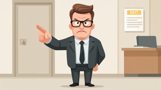 Serious Businessman in Formal Attire Pointing with Authority in Office Environment with Exit Sign and Desk Furniture in Background